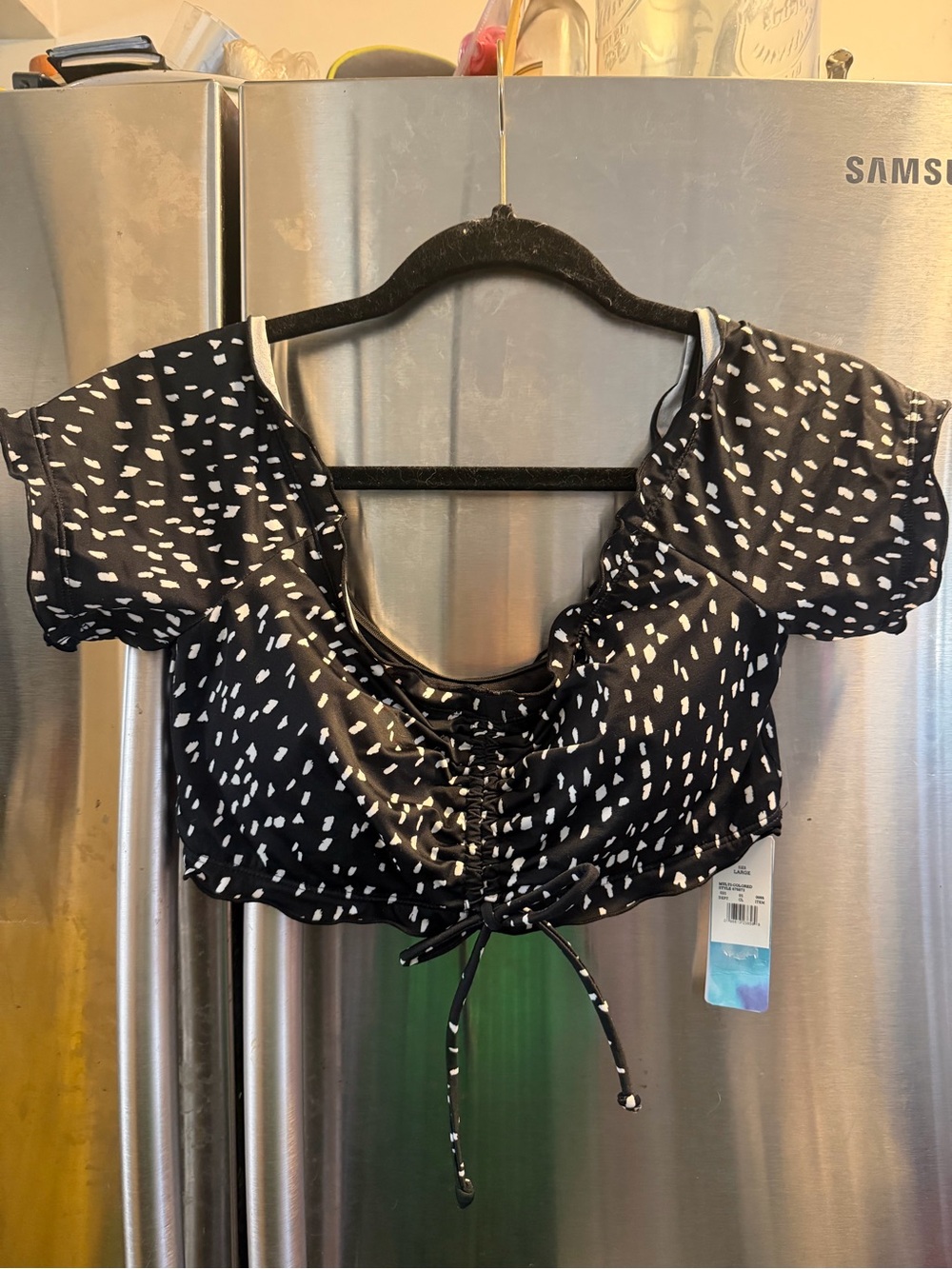 Black and White Spot Ruched Crop Top with Puff Sleeves